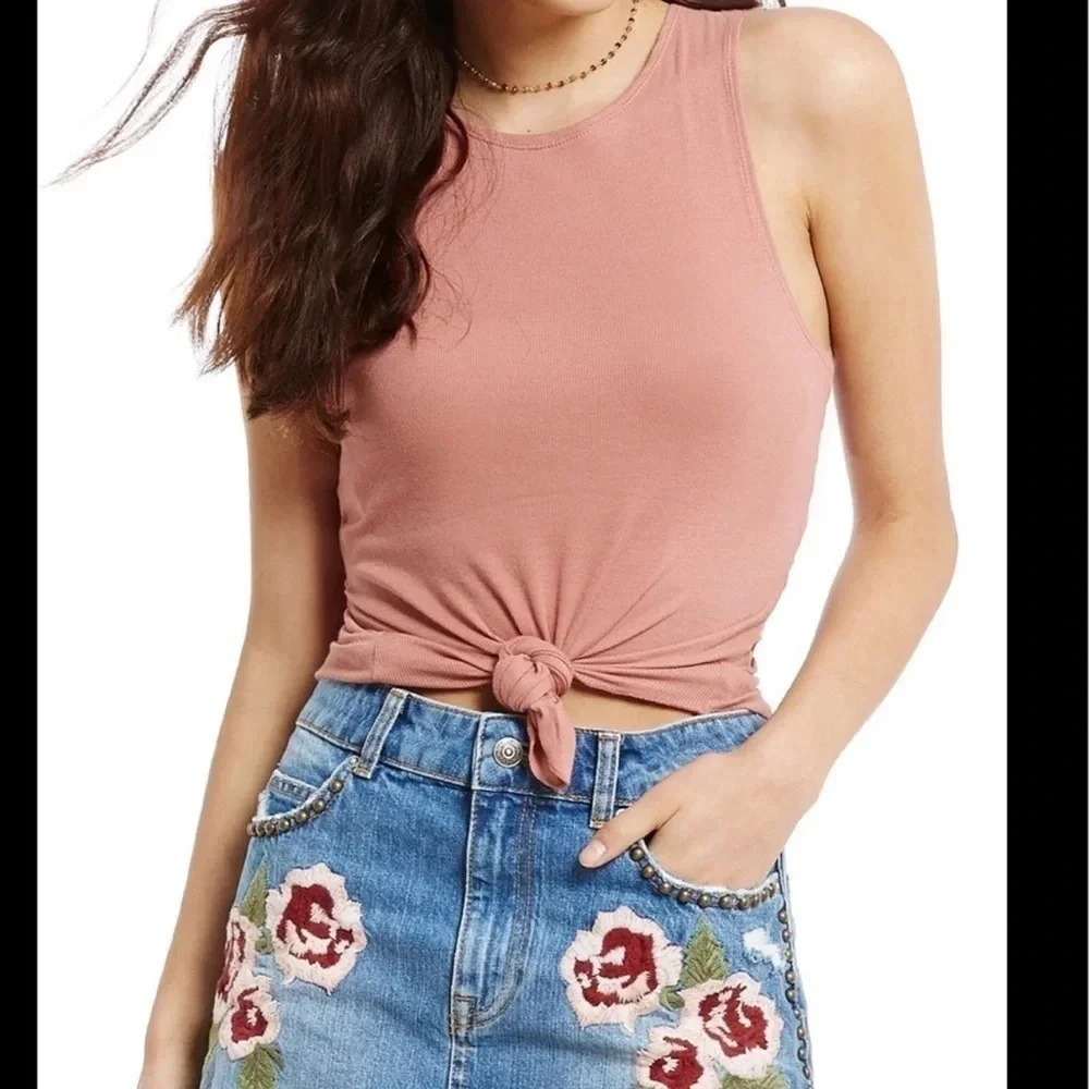 Free People Intimately Pfeiffer Tank Top Ribbed Twist Back Cutout Rose Pink XS